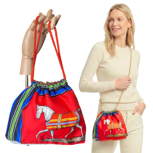 Couvertures et Tenues du Jour Red Vintage Silk Scarf Drawstring Crossbody Bag