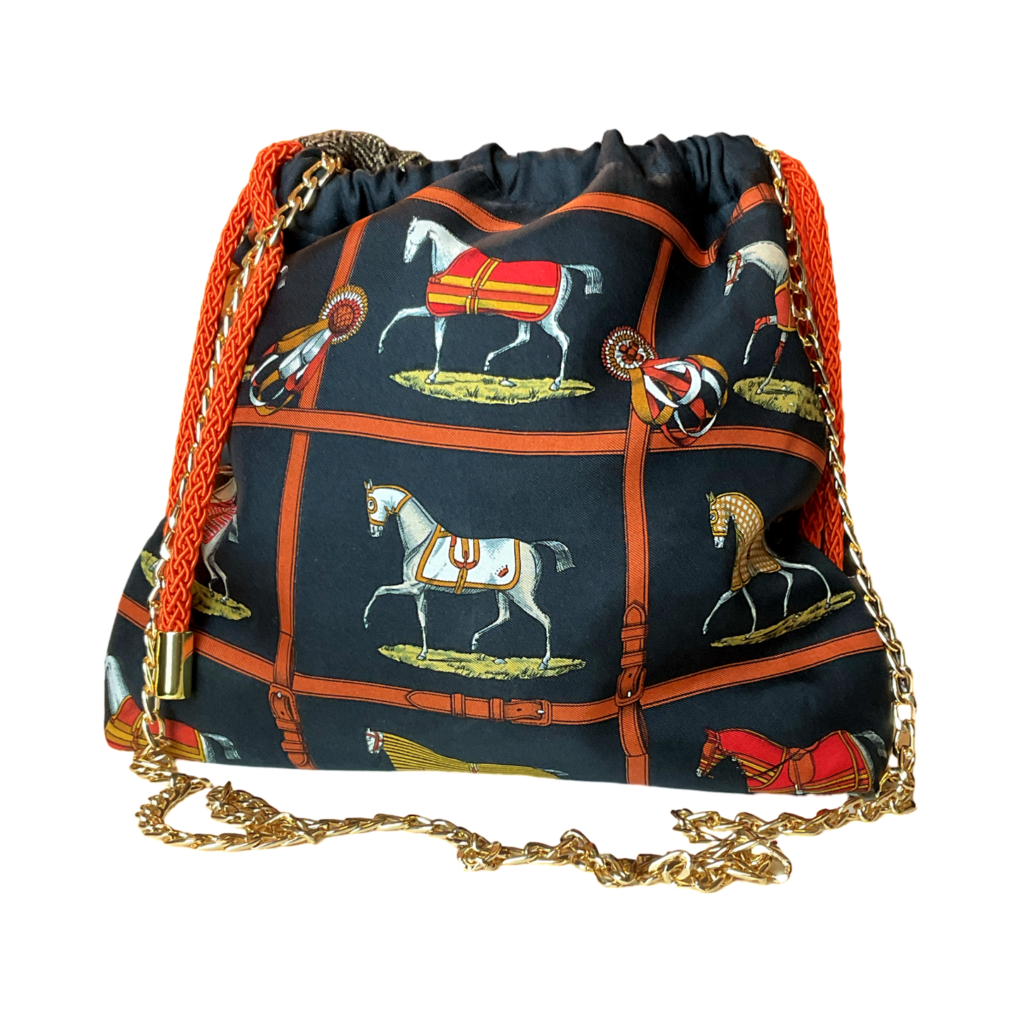 Petites Chevaux Noir Vintage Silk Scarf Drawstring Crossbody Bag