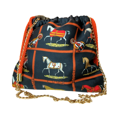 Petites Chevaux Noir Vintage Silk Scarf Drawstring Crossbody Bag