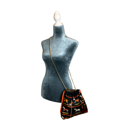 Petites Chevaux Noir Vintage Silk Scarf Drawstring Crossbody Bag