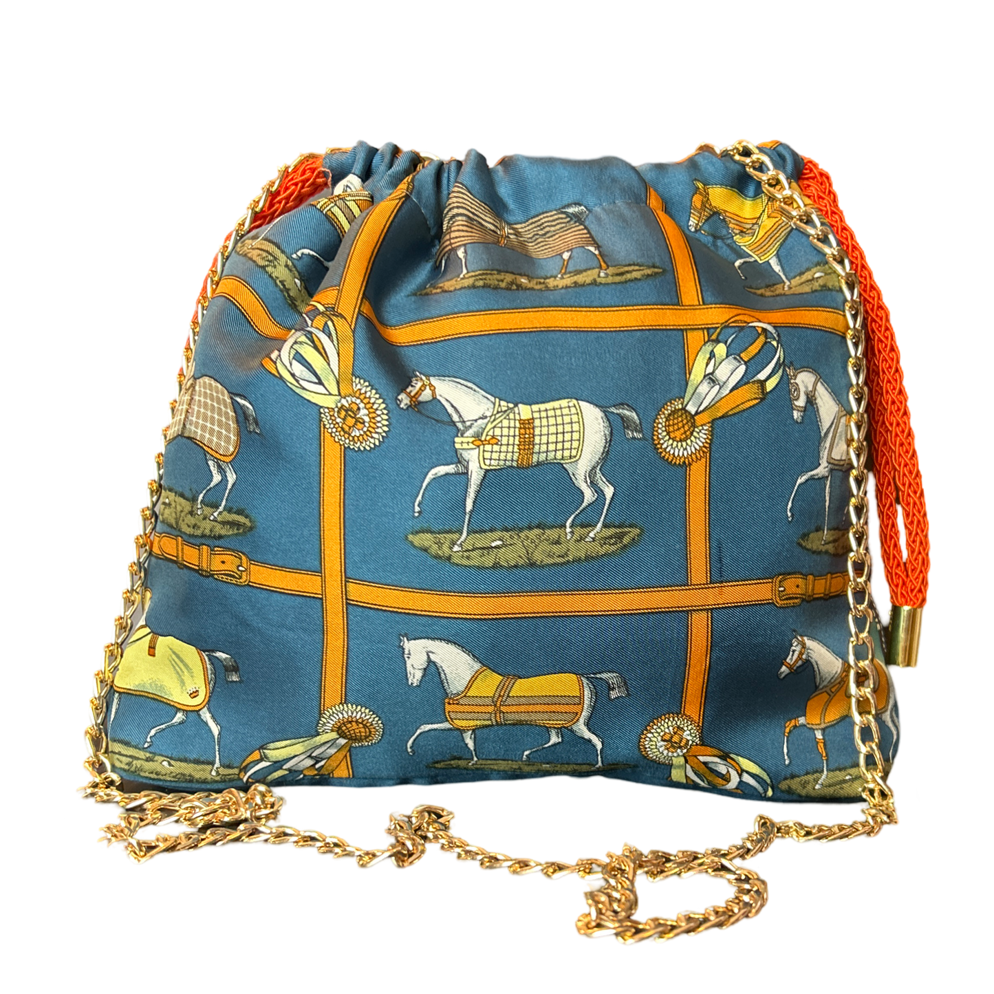 Petites Chevaux Teal Vintage Silk Scarf Drawstring Crossbody Bag