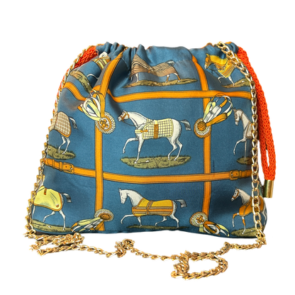 Petites Chevaux Teal Vintage Silk Scarf Drawstring Crossbody Bag