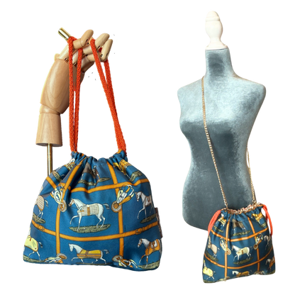 Petites Chevaux Teal Vintage Silk Scarf Drawstring Crossbody Bag