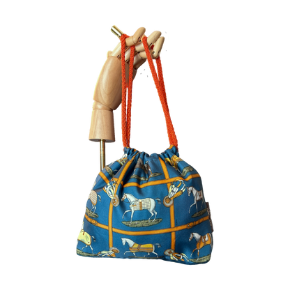 Petites Chevaux Teal Vintage Silk Scarf Drawstring Crossbody Bag
