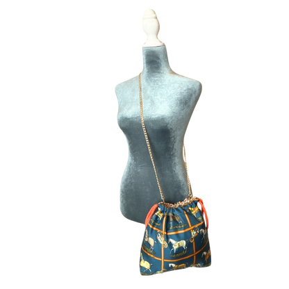 Petites Chevaux Teal Vintage Silk Scarf Drawstring Crossbody Bag