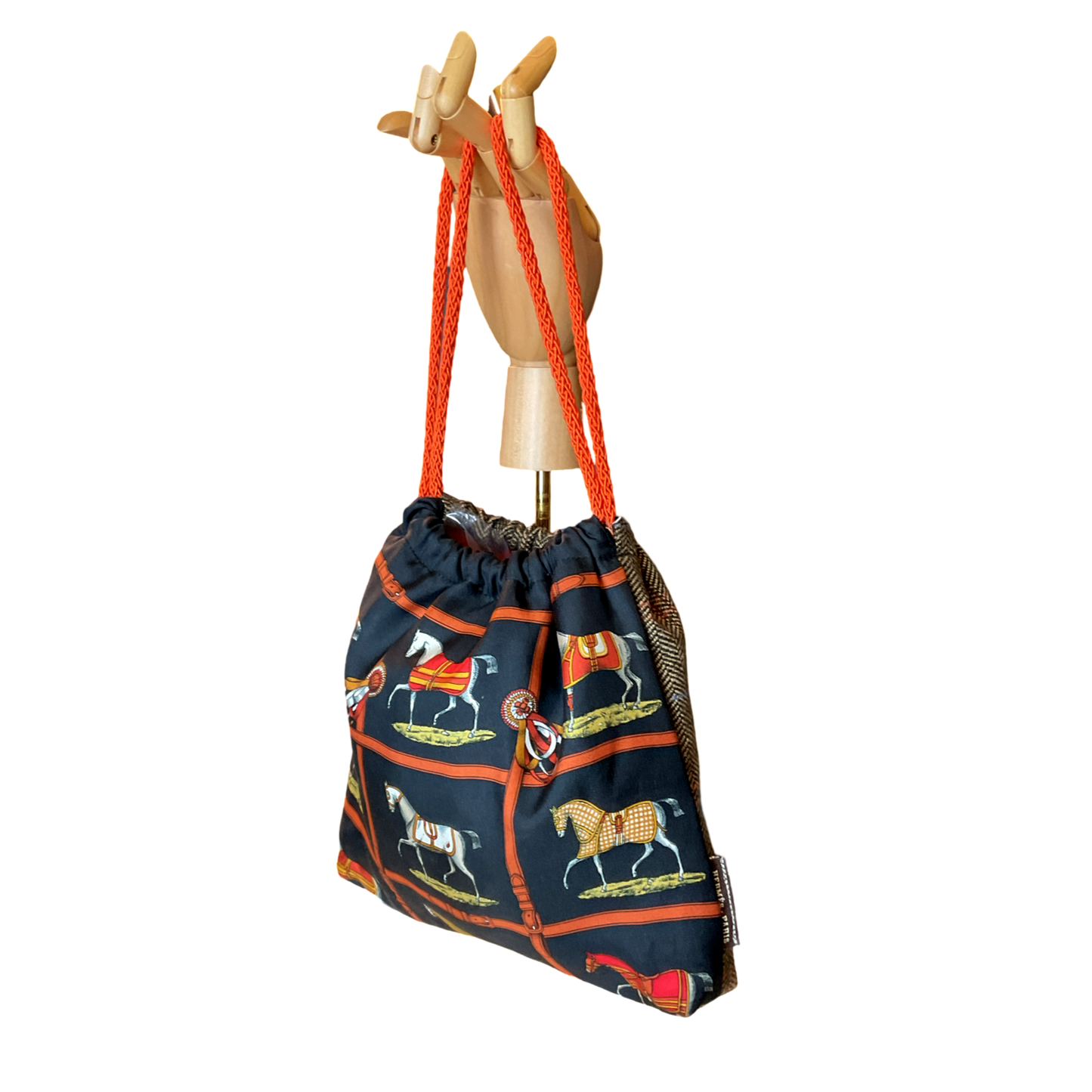 Petites Chevaux Noir Vintage Silk Scarf Drawstring Crossbody Bag