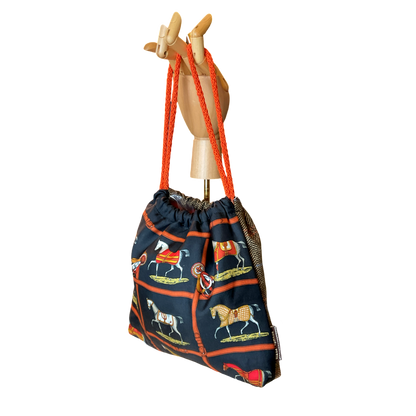 Petites Chevaux Noir Vintage Silk Scarf Drawstring Crossbody Bag