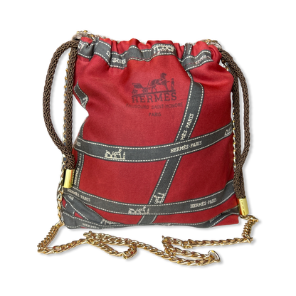 Bolduc Ribbon Bordeaux Vintage Silk Scarf Drawstring Crossbody Bag