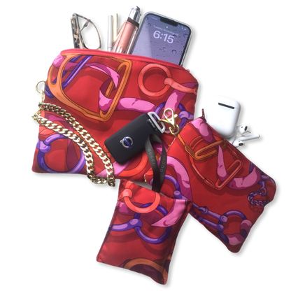 Horsebit Red Vintage Silk Scarf Coffee Run Keychain Bag