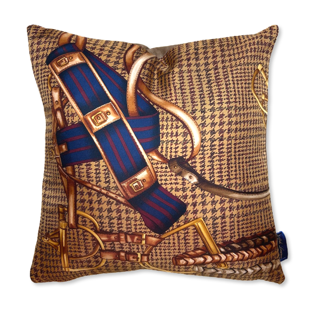 Houndstooth Equestrian Vintage Silk Scarf Pillows 17"