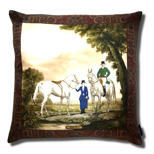 Hunting Scene Couple Vintage Silk Scarf Pillow 30"