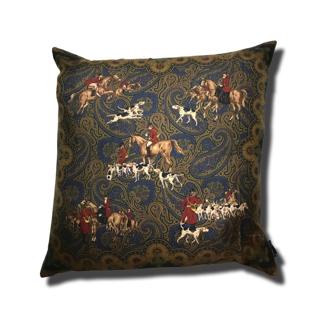 Hunting Scene Group Vintage Silk Scarf Pillow 30"