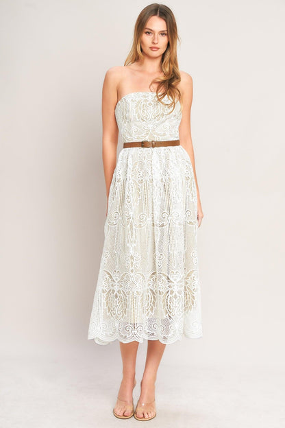 ELEGANT GARDEN WOVEN LACE MIDI DRESS