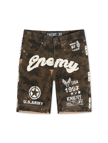 N.M.E NYC Enemy Army '97 Denim Shorts - Camo Wash