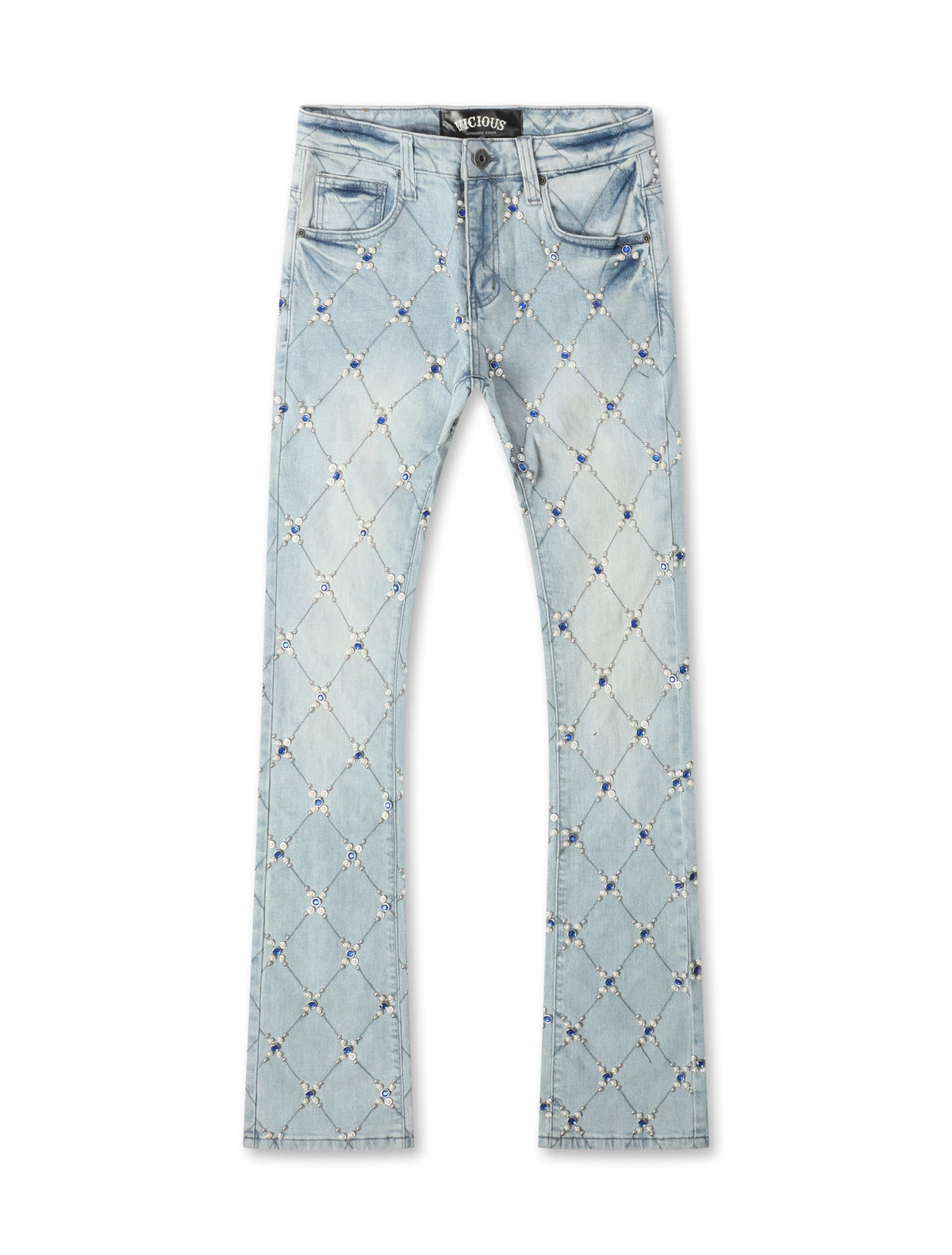 Vicious Denim Diamond Rhinestone Stacked Jeans - Light Blue