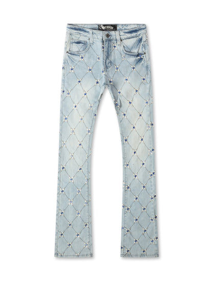 Vicious Denim Diamond Rhinestone Stacked Jeans - Light Blue