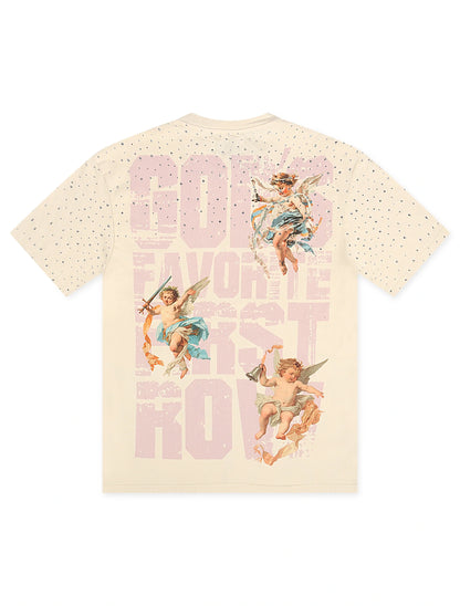 First Row Cropped Washed Rhinestone Tee - Cream