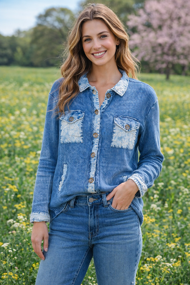 Zenana Cotton Waffle Acid Wash Oversized Shacket – Button Front