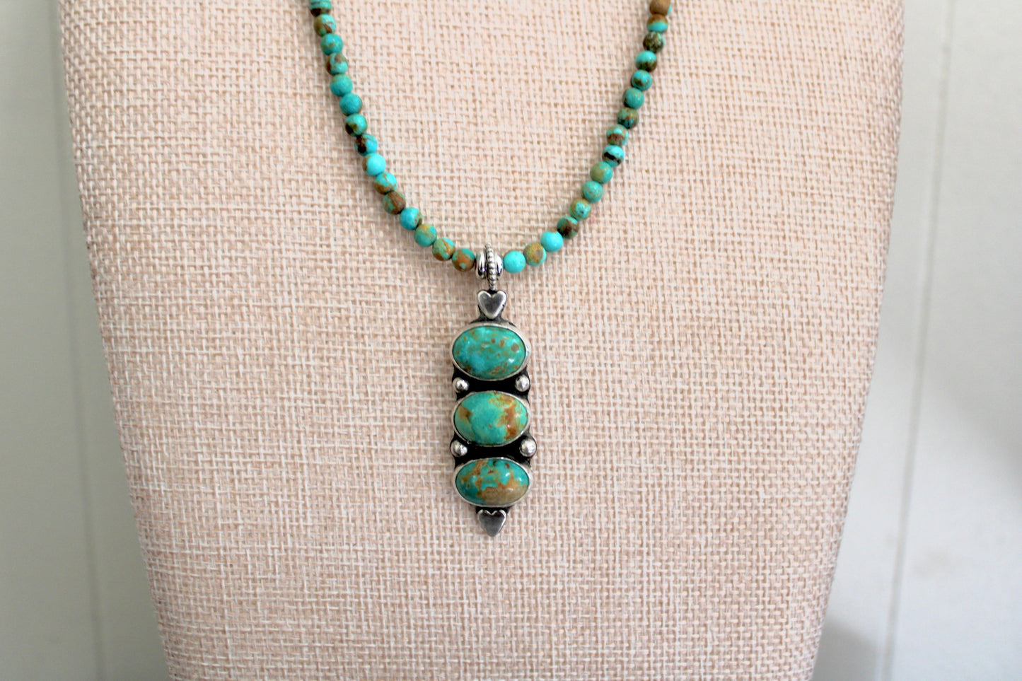 Royston Turquoise Trio Pendant on a Kingman Turquoise Beaded chain