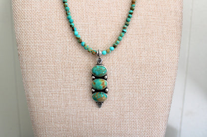 Royston Turquoise Trio Pendant on a Kingman Turquoise Beaded chain
