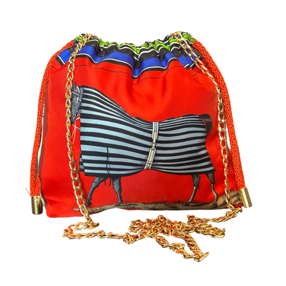 Couvertures et Tenues du Jour Red Vintage Silk Scarf Drawstring Crossbody Bag