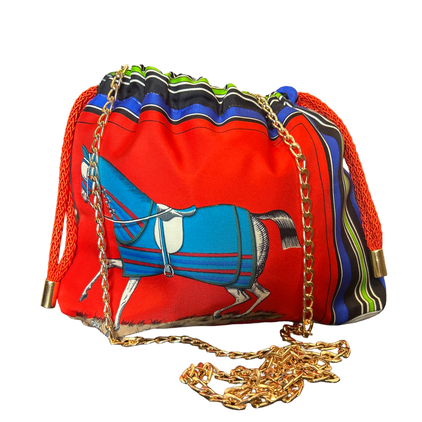 Couvertures et Tenues du Jour Red Vintage Silk Scarf Drawstring Crossbody Bag