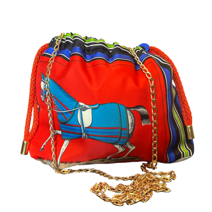 Couvertures et Tenues du Jour Red Vintage Silk Scarf Drawstring Crossbody Bag