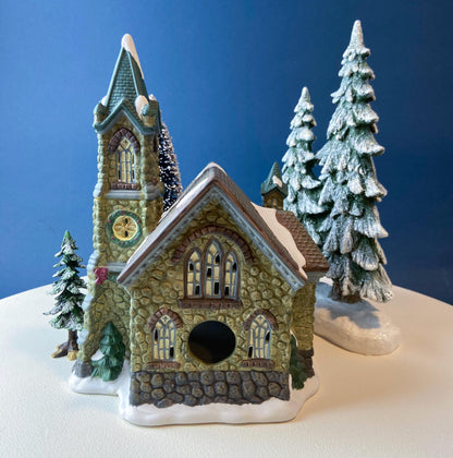 Illuminated Stoney Bridge Church by Santa's Workbench Collection. Victorian Series. Christmas Village Building. Porcelain Lighted House.
