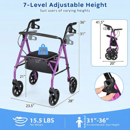 Rollator Walker with Seat and Height Adjustable Handles-Purple-3