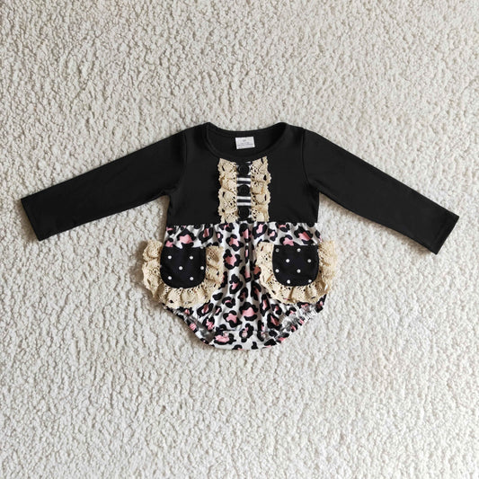 Leopard lace pocket romper baby girls fall bubble