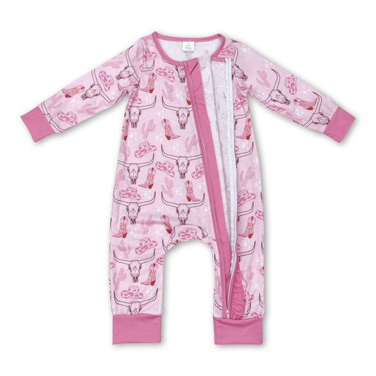 Pink boots cactus bull skull baby girls zipper romper