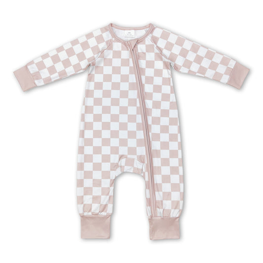 Khaki plaid long sleeves baby kids zipper romper
