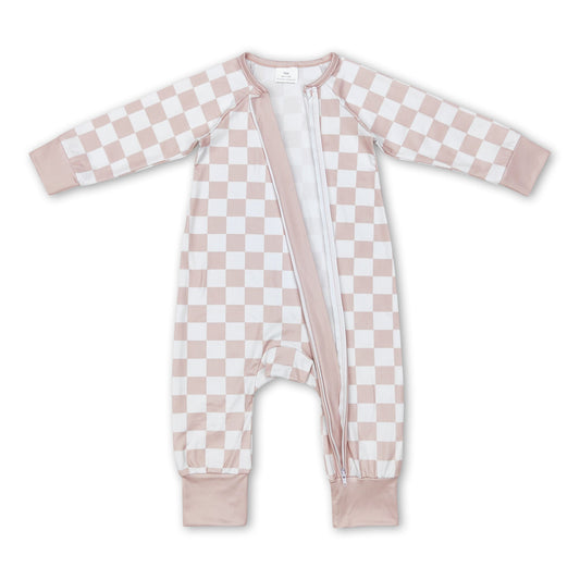 Khaki plaid long sleeves baby kids zipper romper