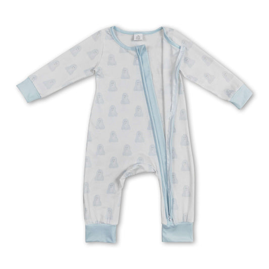Light blue long sleeves dog baby boys zipper romper