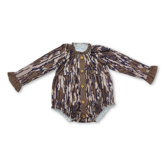 Ruffle long sleeves camo button baby girls romper