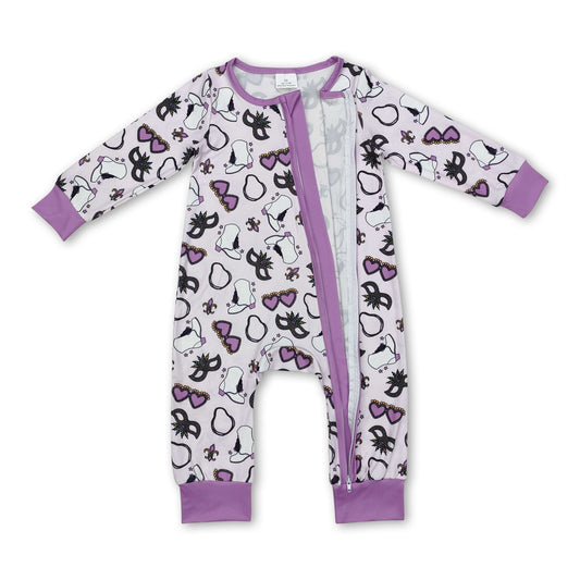 Purple glasses baby girls Mardi Gras zipper romper