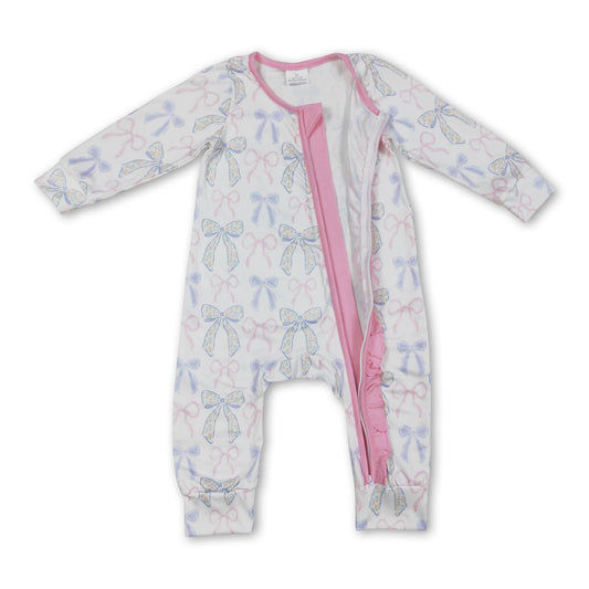 Long sleeves pink ruffle bow baby girls zipper romper