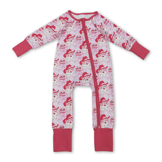 Long sleeves pink bow santa western girls Christmas romper