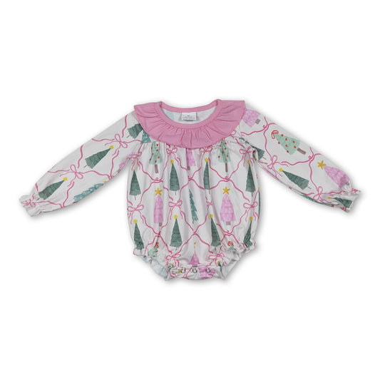 Long sleeves pink bow Christmas tree baby girl zipper romper