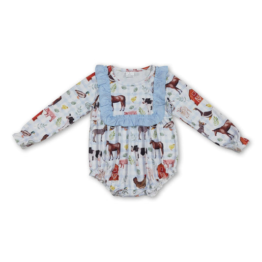 Light blue long sleeves plaid baby girls farm romper
