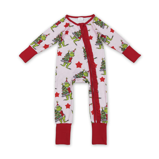 Red stars green face baby girls Christmas zipper romper