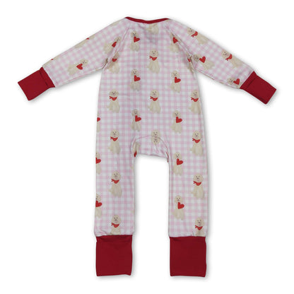 Pink plaid heart dog girls valentine's zipper romper