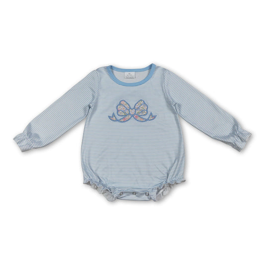 Long sleeves floral bow embroidery stripe baby girl romper