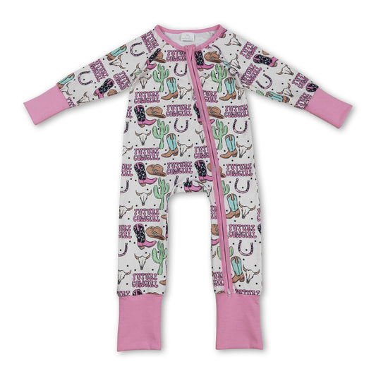 Long sleeves boots bull skull western baby girl zipper romper