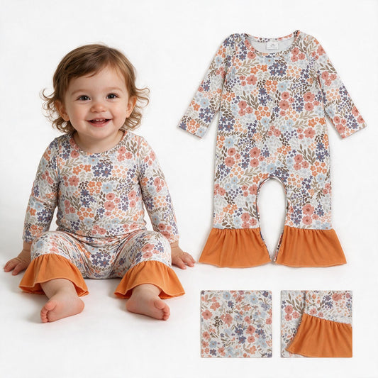 Ruffle floral long sleeves baby girls fall romper