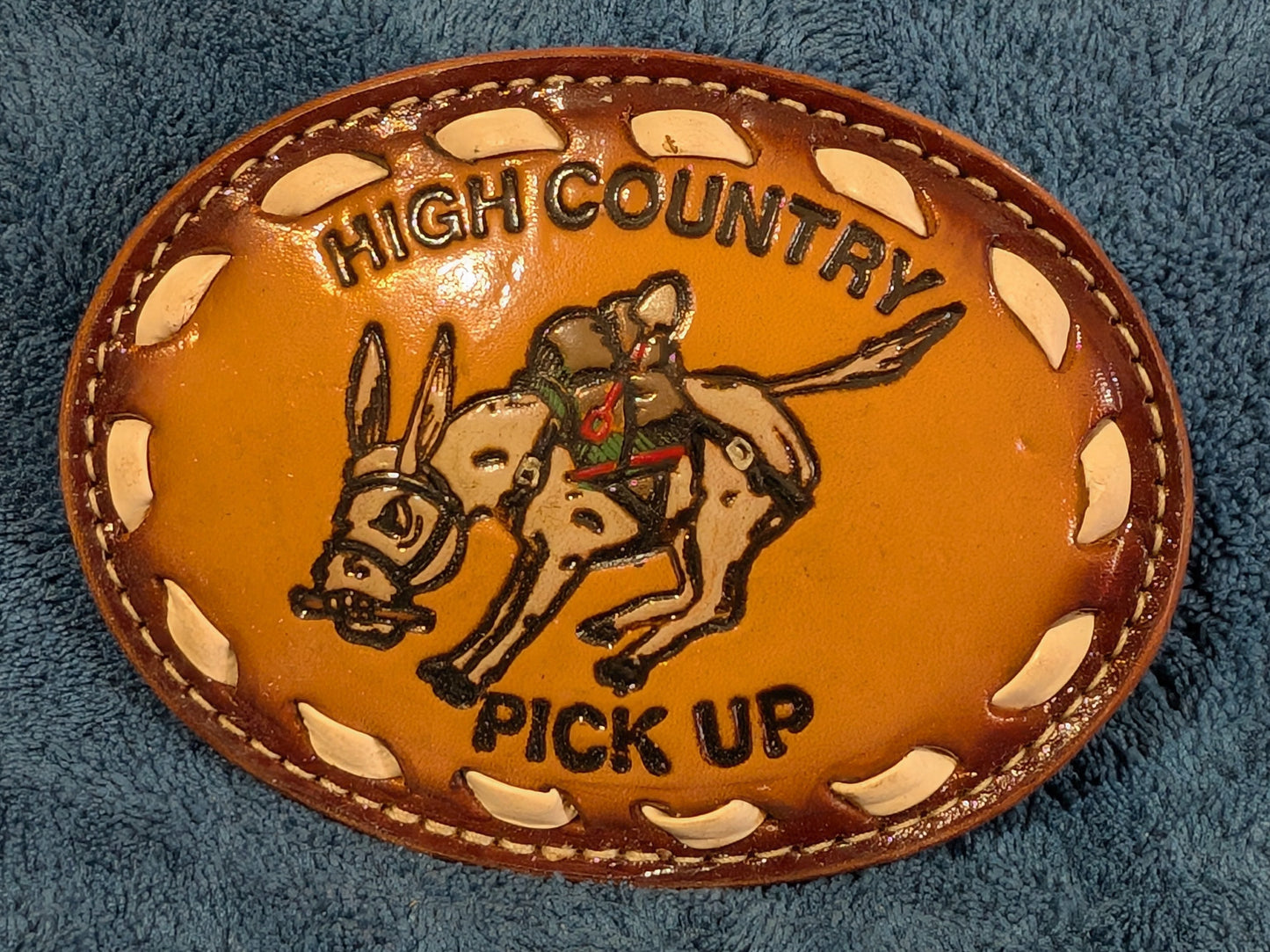 Last One – Vintage Leather “High Country Pick Up” Belt Buckle with White Buckstitch