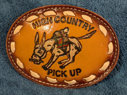 Last One – Vintage Leather “High Country Pick Up” Belt Buckle with White Buckstitch