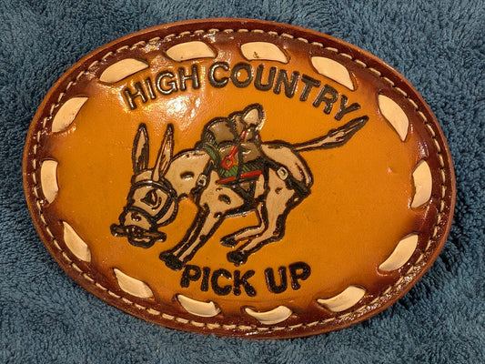Last One – Vintage Leather “High Country Pick Up” Belt Buckle with White Buckstitch