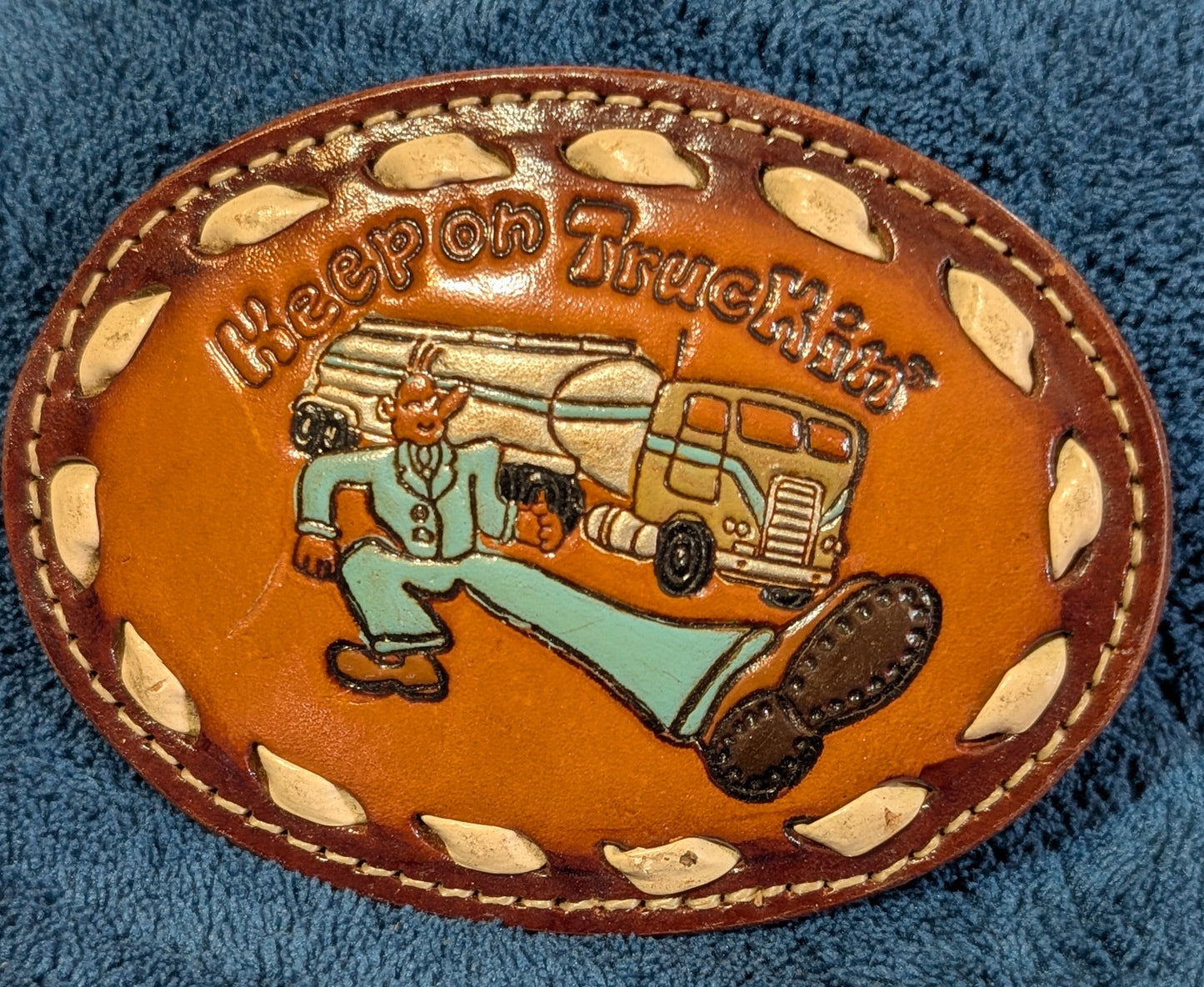 Vintage Genuine Leather “Keep on Truckin’” Belt Buckle with Buckstitch