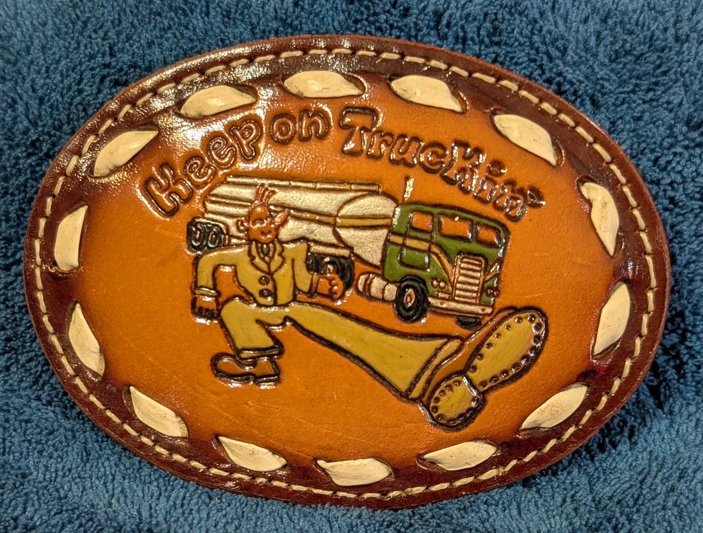Vintage Genuine Leather “Keep on Truckin’” Belt Buckle with Buckstitch